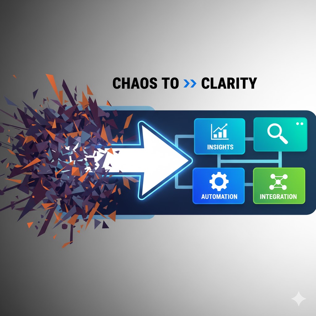 Illustration of chaotic workflows transforming into an organized system